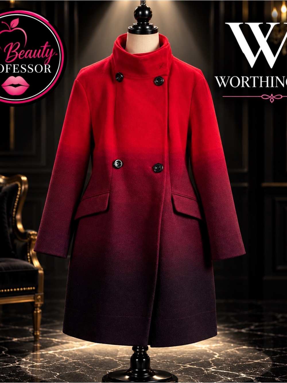 💕Worthington Wool Blend Ombré Red Burgundy Long Coat Medium